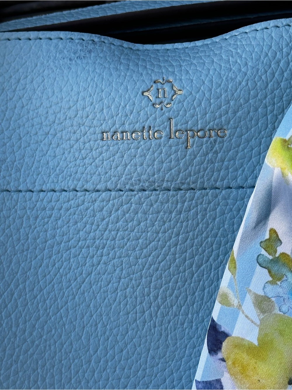 Nanette Lepore Light Blue Pebbled Leather Satchel with Floral Scarf 12X9” Pretty - Picture 3 of 16